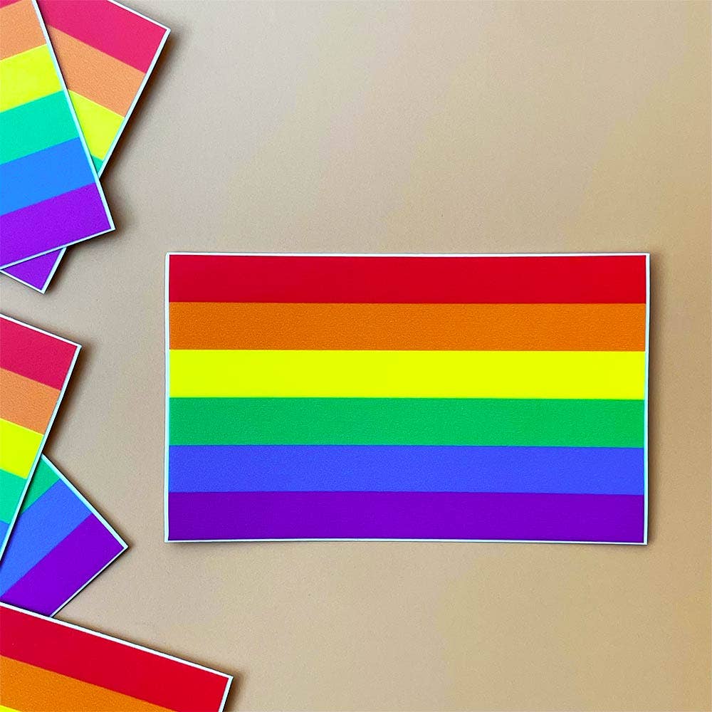 True to the original pride flag design popularized by artist Gilbert Baker in 1978, just in sticker form! Sticker ready for sticking on laptops, water bottles, your car, or anywhere else you can think of. 4.2" x 2.5"