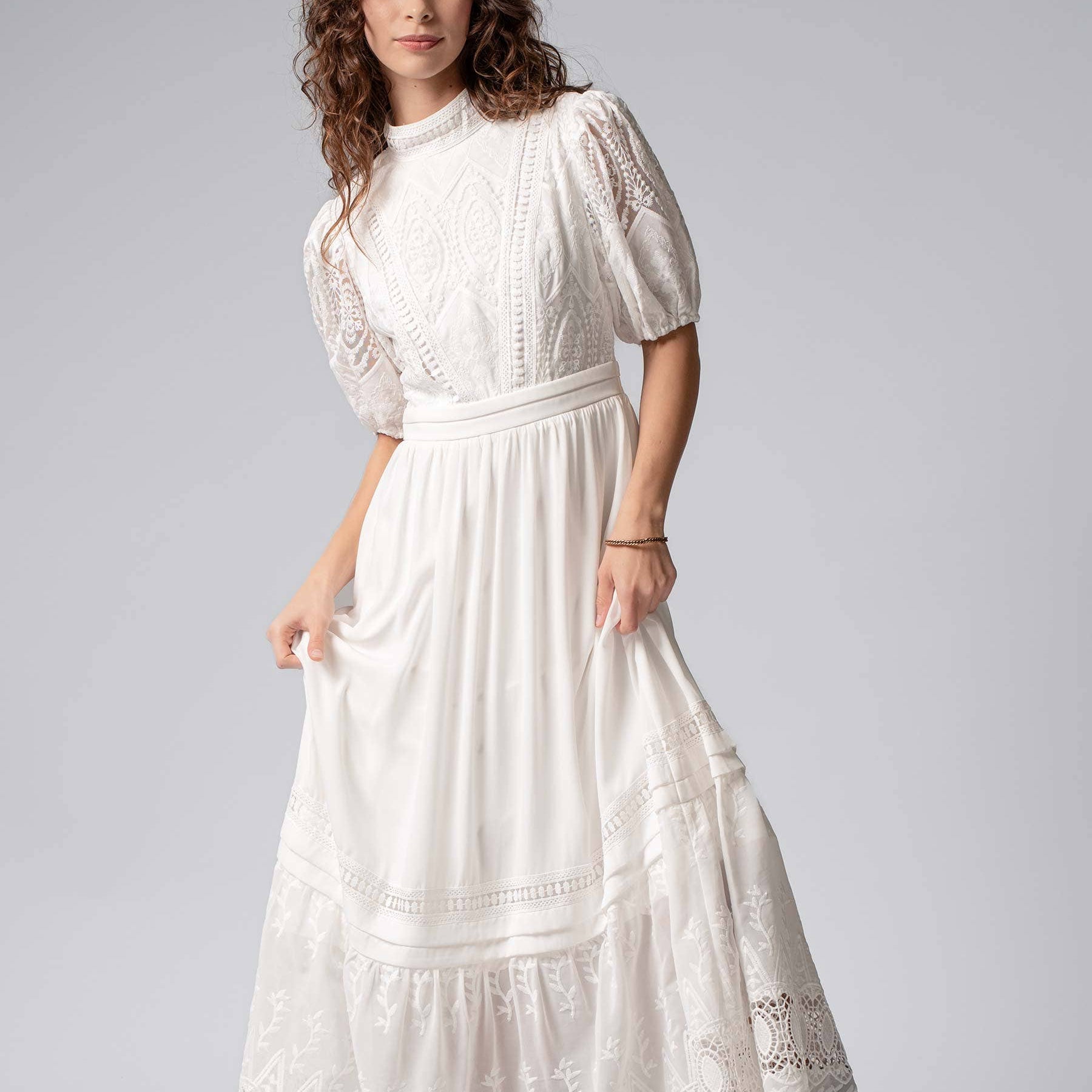 Victorian Lace Puff Sleeve White Maxi Dress
