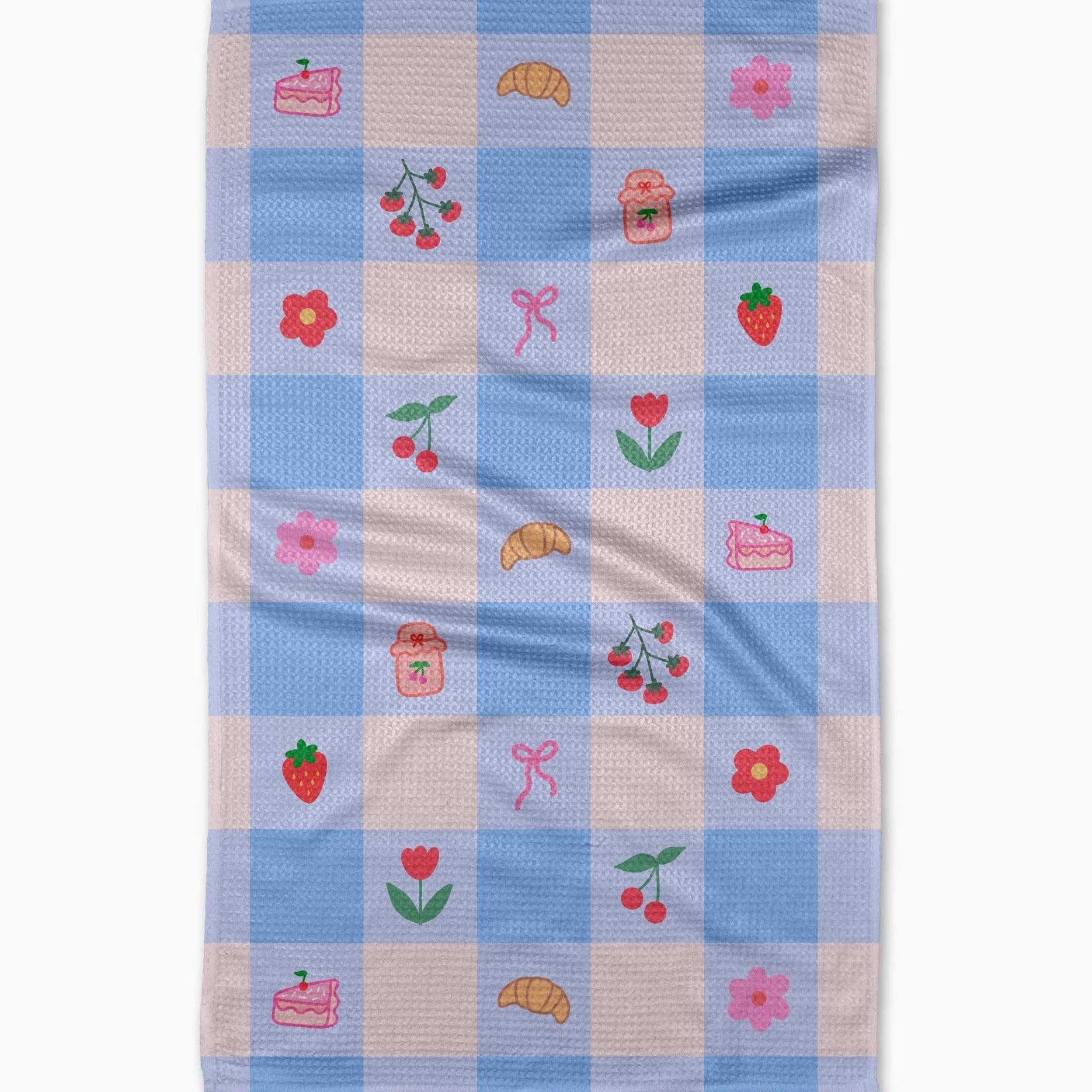 Checkered towel with embroidered designs on a white background Tea Towel