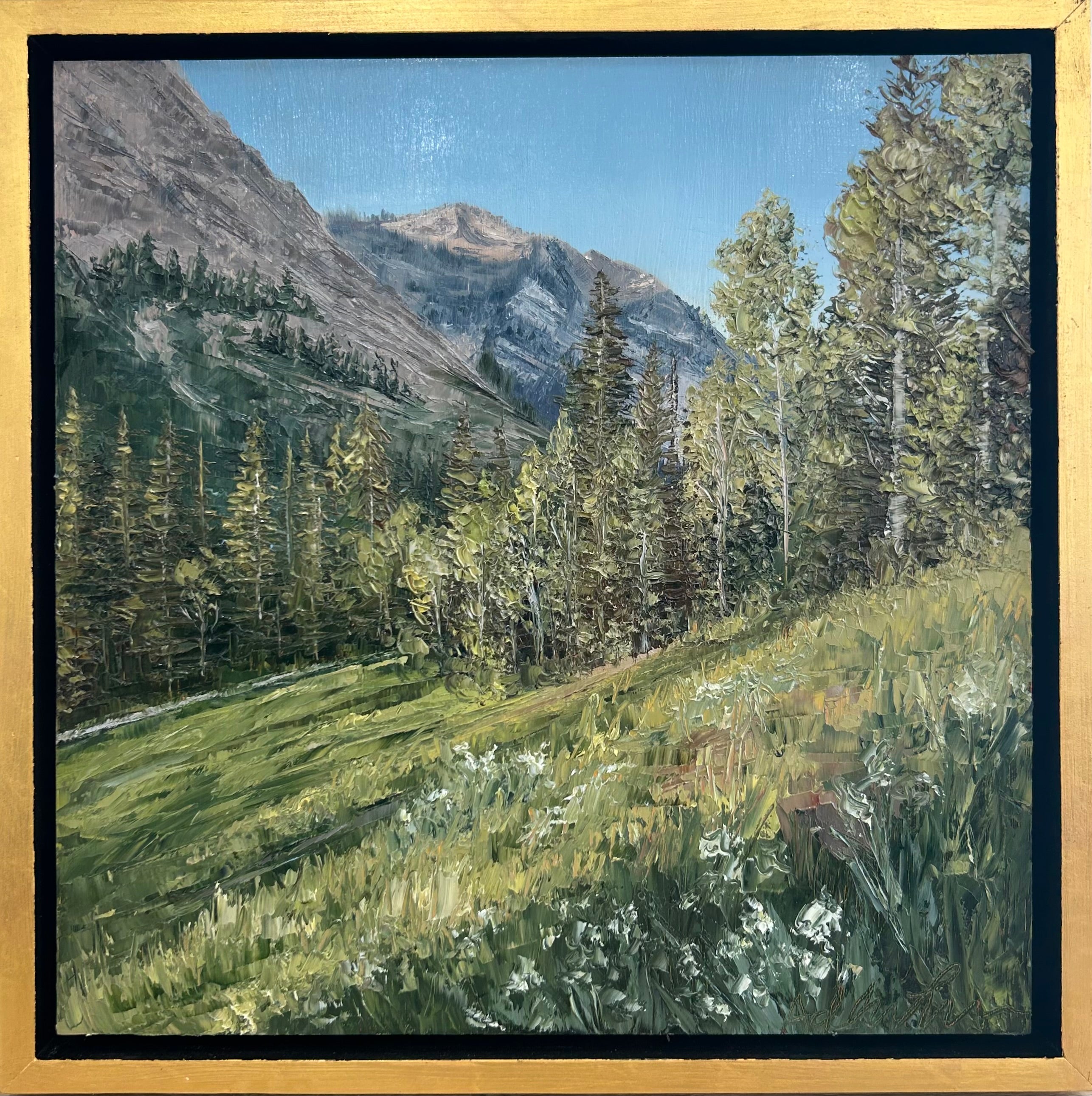 A view of the rocky mountains in Cottonwood Canyon. There are dozens of aspen trees with green leaves just about to turn yellow. Grass and flowers fill the foreground and landscape. The sky is blue. 