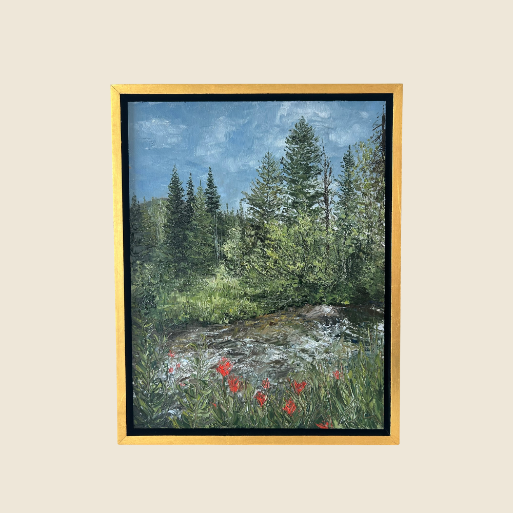 Original Oil Painting, Pine Trees, Aspen Trees, Indian Paintbush in Foreground, Blue Skies with whispy white clouds.  Thin Gold Frame.