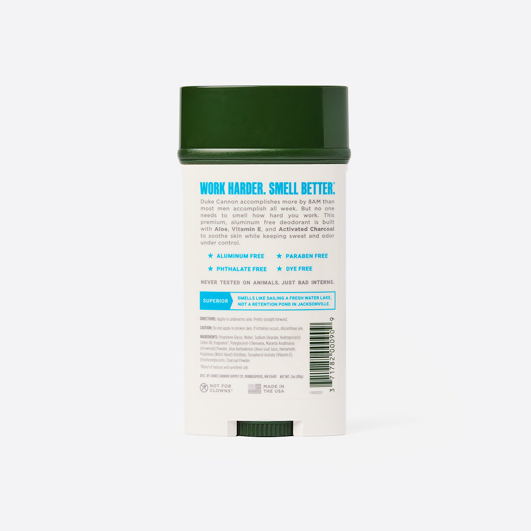 Duke Cannon accomplishes more by 8 am than most men accomplish all week. But no one needs to smell how hard you work. This premium, aluminum free deodorant is built with&nbsp;Aloe,&nbsp;Vitamin E, and&nbsp;Activated Charcoal&nbsp;to soothe skin while keeping sweat and odor under control. And the uniquely masculine scent of&nbsp;fresh water&nbsp;and&nbsp;neroli&nbsp;will have your underarms smelling downright fantastic.