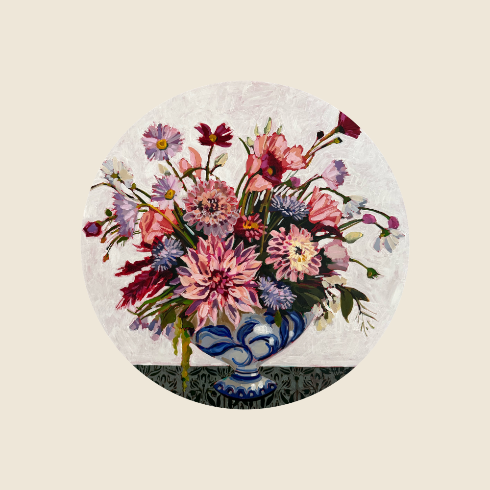 Original Art - Floral Arrangement in Blue & White Vase, white damask wallpaper in background, on a dark green tablecloth.  Mixed flowers with Dahlias, Mums, Carnations, Asters, Lilies and leaves.