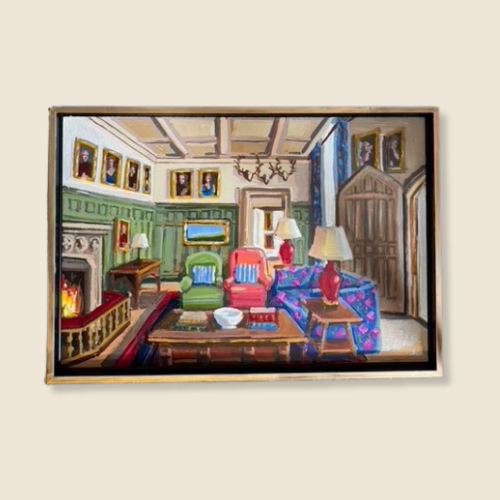 12x18” oil on panel, cozy interior scene: traditional decorating, green wainscoting panels, high ceilings in white, stone fireplace manel, glowing fire, blue and pink floral sofa with green and red armchairs, red lamps on side tables, large carved door, antlers and portraits on wall