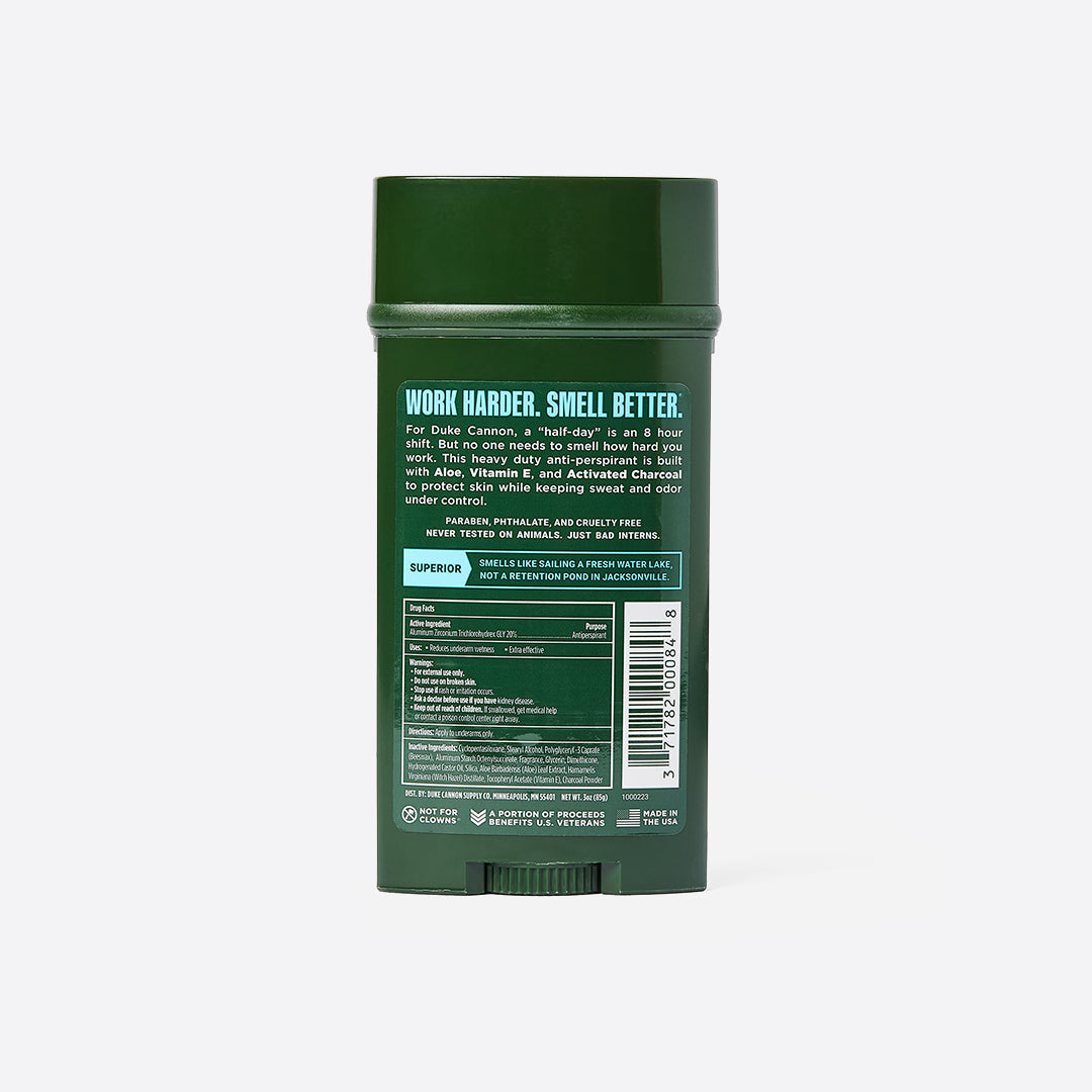 For Duke Cannon, a “half day” is an 8 hour shift. But no one needs to smell how hard you work. This heavy-duty anti-perspirant is built with&nbsp;Aloe,&nbsp;Vitamin E, and&nbsp;Activated Charcoal&nbsp;to protect skin while keeping sweat and odor under control.
