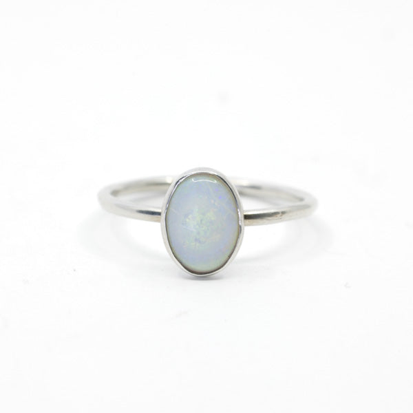 White Opal Oval Ring in Silver