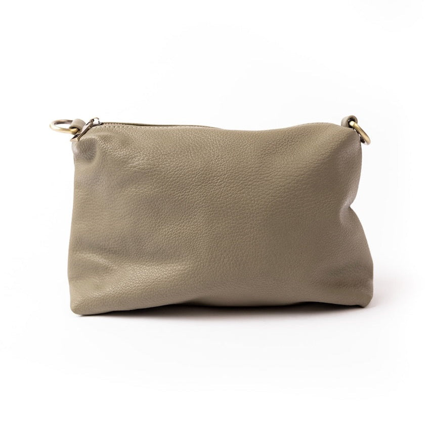 Casual + carefree crossbody in super-soft pebble grain vegan leather. The convenient side pockets carry your water bottle, phone, glasses, or mask. Available in two gorgeous colors that you can coordinate with interchangeable straps to personalize your style! Olive