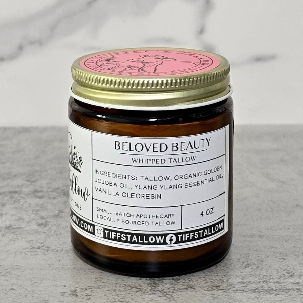 4 oz glass jar of beloved beauty whipped tallow