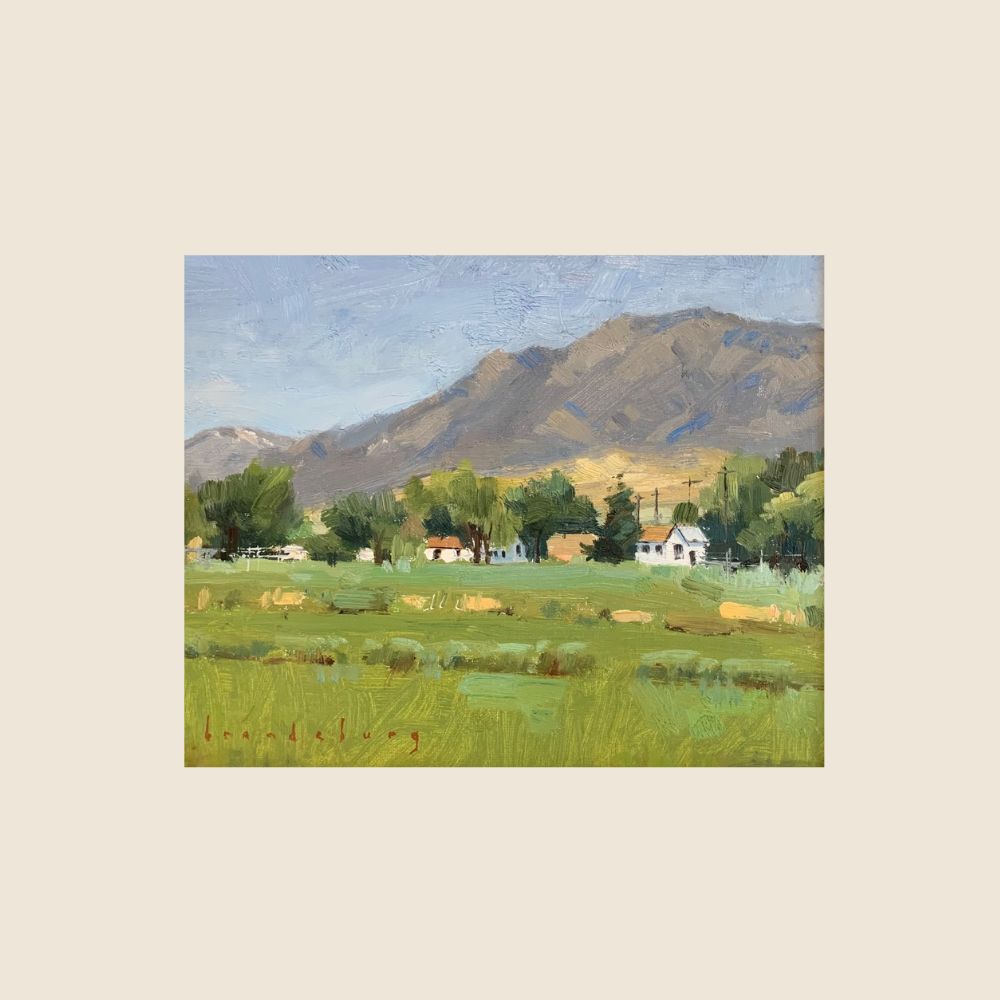 ORIGINAL OIL PAINTING OF RURAL CITY, WITH  GREE FIELDS IN THE FOREGROUNDS, BROWN PURPLE MOUNTAINS IN THE BACKGROUND, COUNTRY HOMES UNDER THE TALL TREES