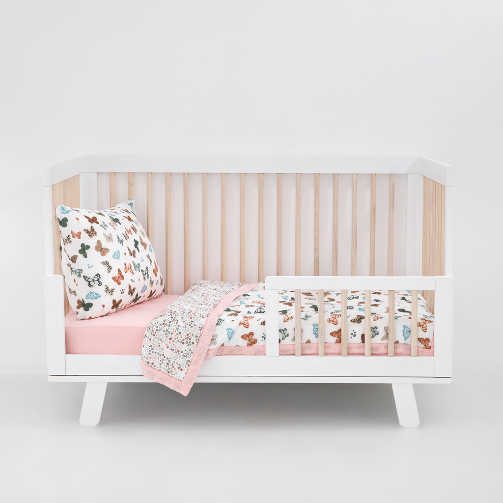 Celebrate their imagination. The Toddler Bedding Set features a variety of themes and prints to help bring their creativity to life as they transition from infant to toddler. 3 piece set includes: 1 Toddler Comforter, 1 crib sheet, 1 pillowcase.  Cotton Muslin Toddler Bedding 3 Piece Set - Butterflies