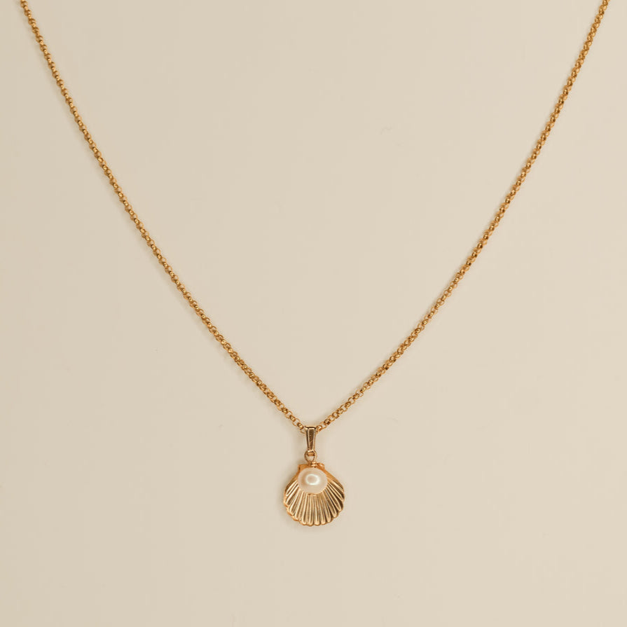 Delicate gold chain with a scallop seashell and pearl charm pictured on an off white backgorund. 