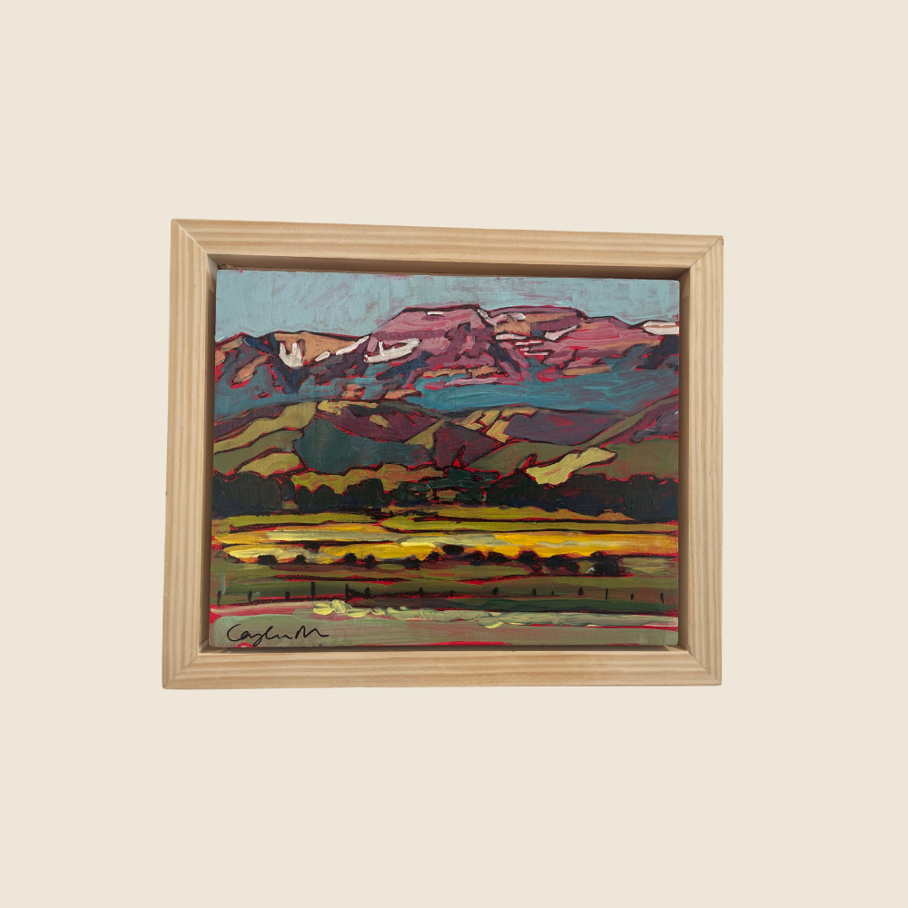 Landscape mixed media painting of Heber Valley, with purple and blue Mount Timpanogos rising up in the background, with patches of snow on it's peaks.  Layers of trees and fields complete the foreground, including a line of fences.