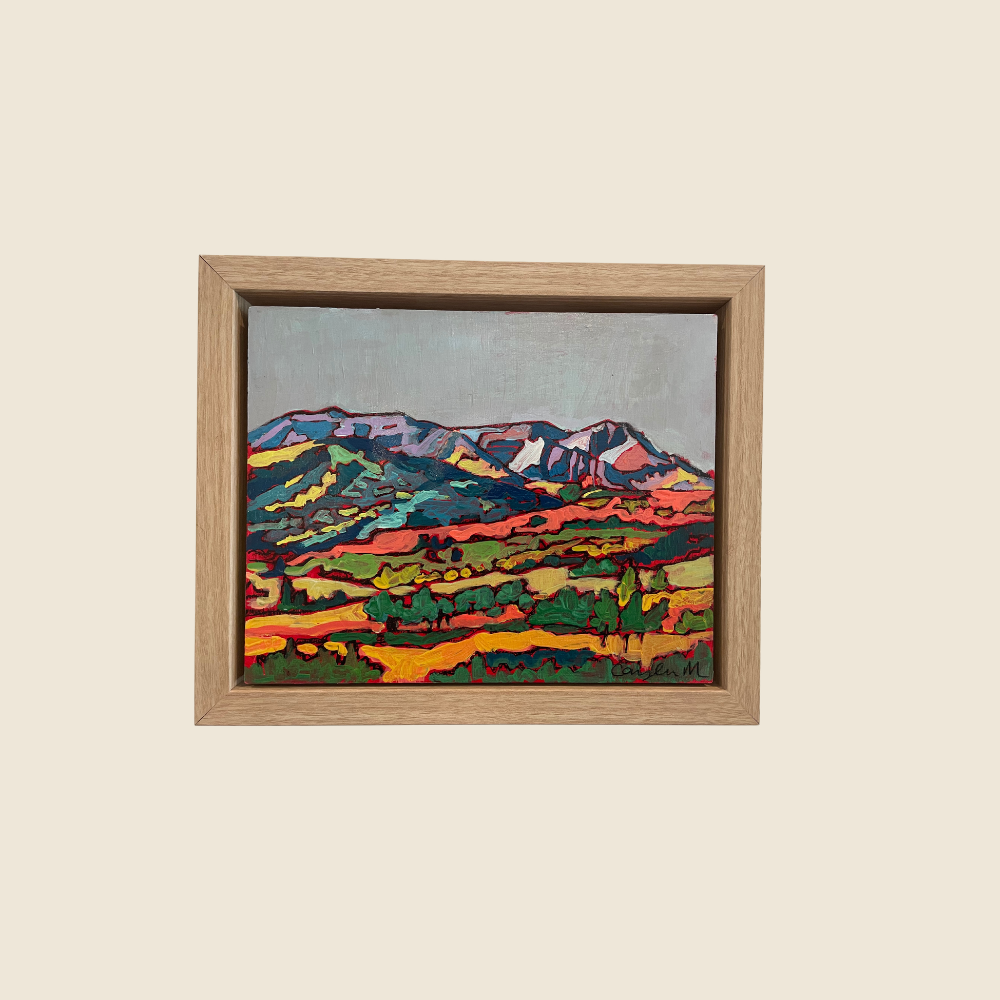 Landscape Mixed Media painting of hillside views of Heber Valley.  A beautiful combination of purples, dark greens, oranges, yellows, showcasing the array of colors during the fall.