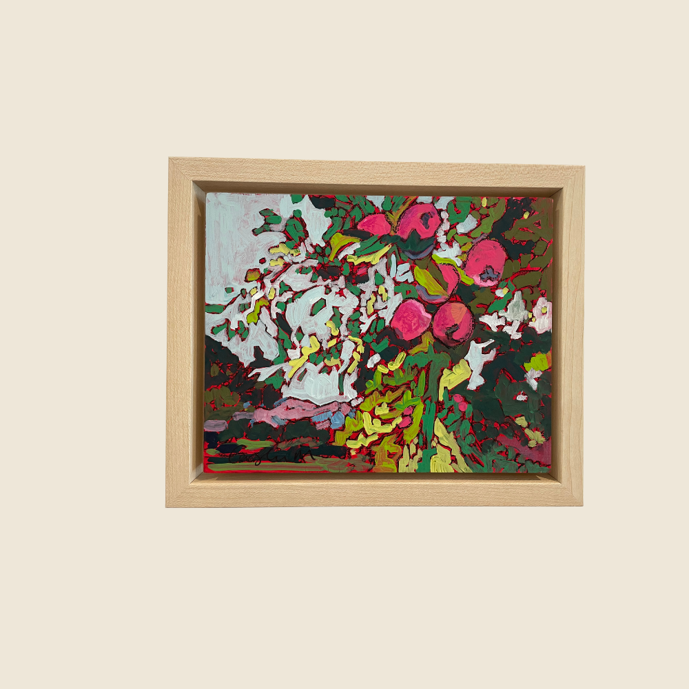 Mixed Media Painting of Apple tree in spring, red apples, light green leaves, light blue sky, and mountain foliage in the background.