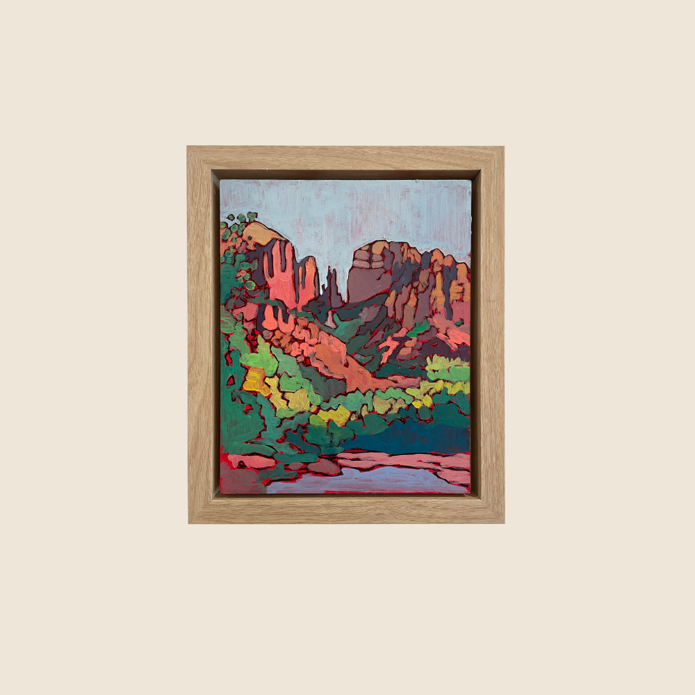 Landscape Mixed Media painting of Zion's in the morning sunlight, with red rock cliffs, bright green foliage, and cool river flowing through the foreground.