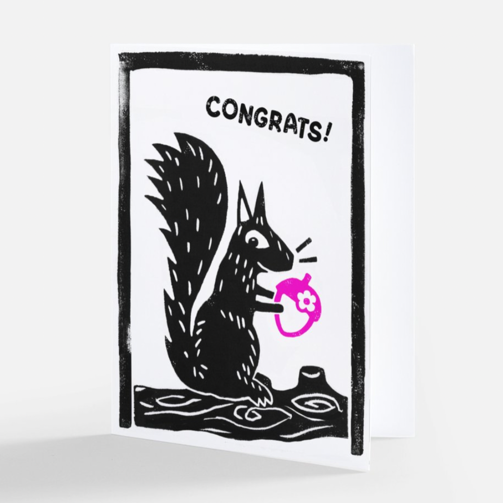 Linocut birthday bear card printed on A2 Cards. Black & pink