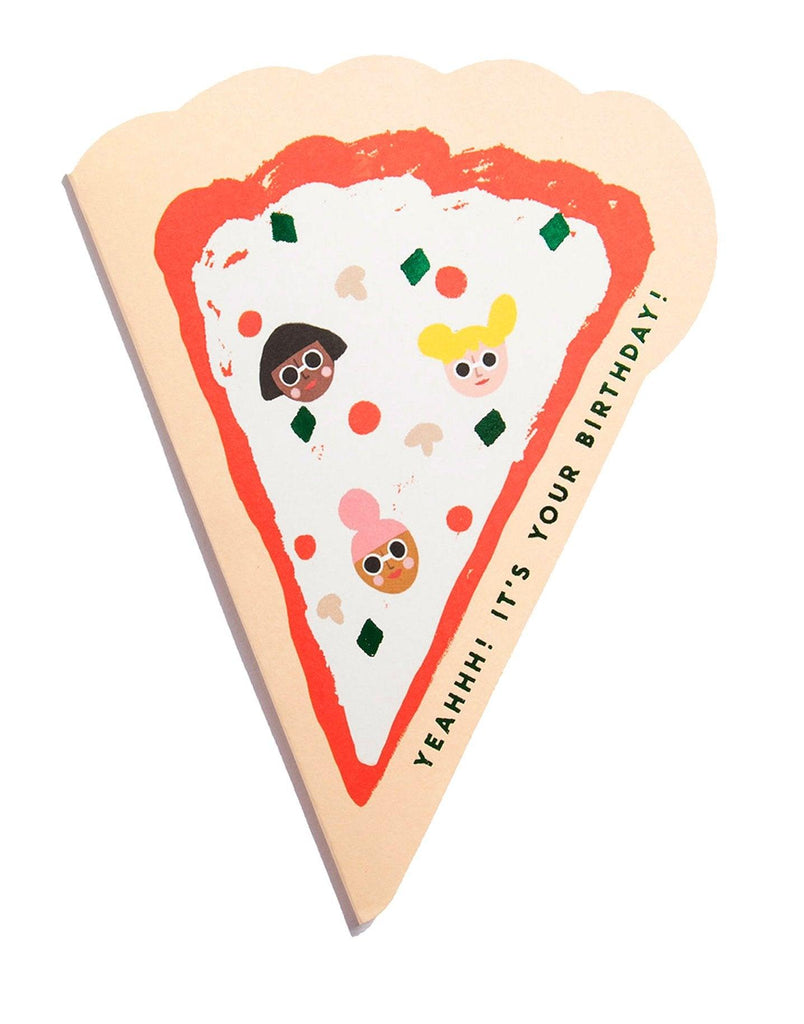 Carolyn Suzuki is a Los Angeles Native. Her illustrations celebrate joy and diversity in human experience with bright colours, playful patterns, animal pals, and a dose of humor.   PIZZA - Shaped Birthday Card