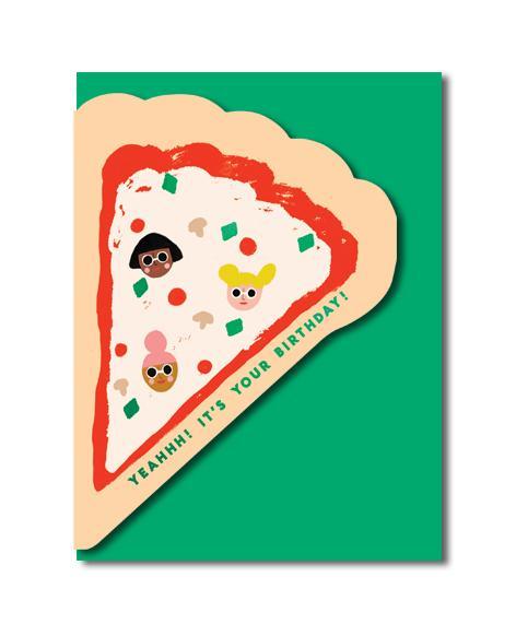 Carolyn Suzuki is a Los Angeles Native. Her illustrations celebrate joy and diversity in human experience with bright colours, playful patterns, animal pals, and a dose of humor.   PIZZA - Shaped Birthday Card