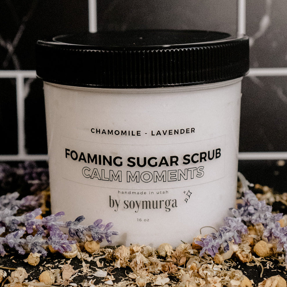 16 oz container of Calm Moments Foaming Sugar Scrub with lavender and chamomile