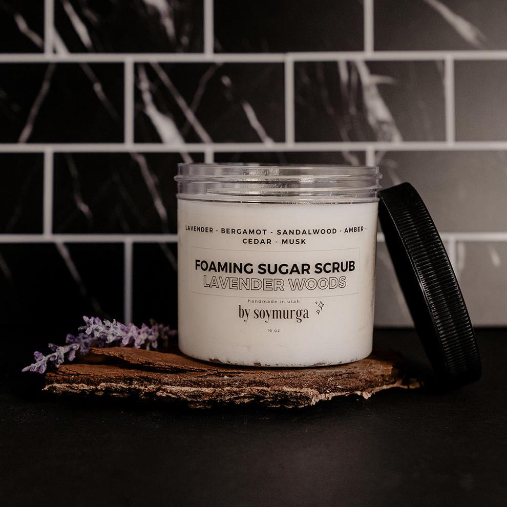 16 oz clear jar of lavender woods foaming sugar scrub