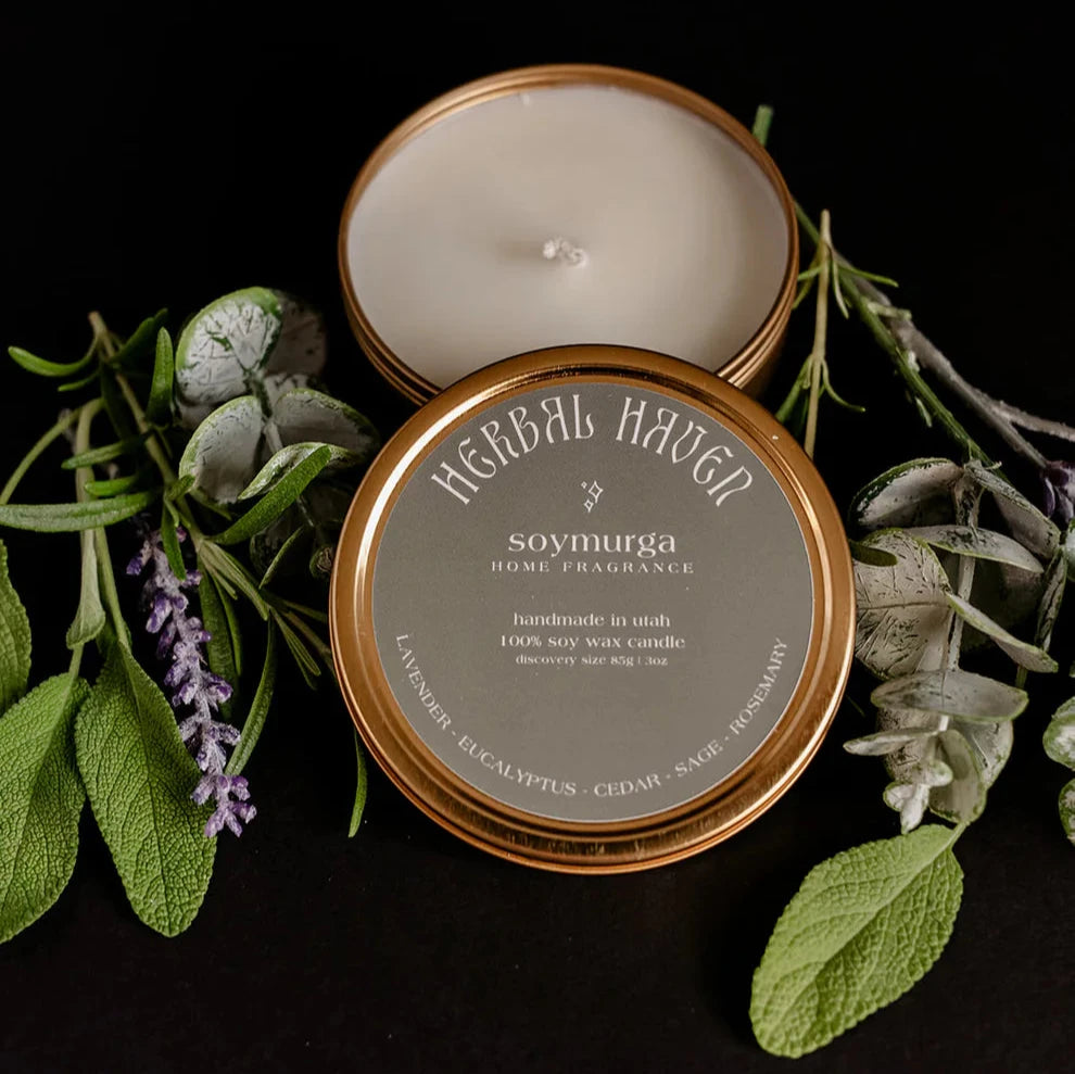3 oz herbal haven soy candle hand poured in sleek gold tin