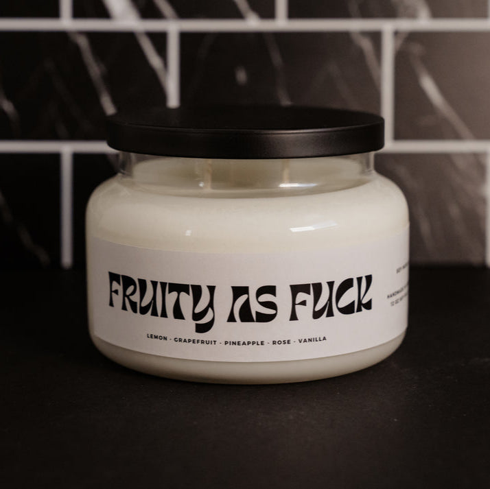 Fruity As Fuck Double wick 12 oz soy wax candle in an apothecary glass vessel
