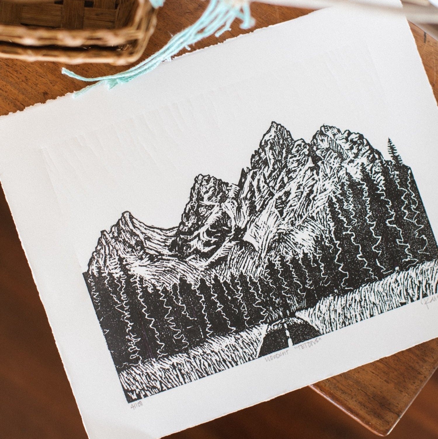 hand carved and pressed black and white 11x14 print of the Tetons