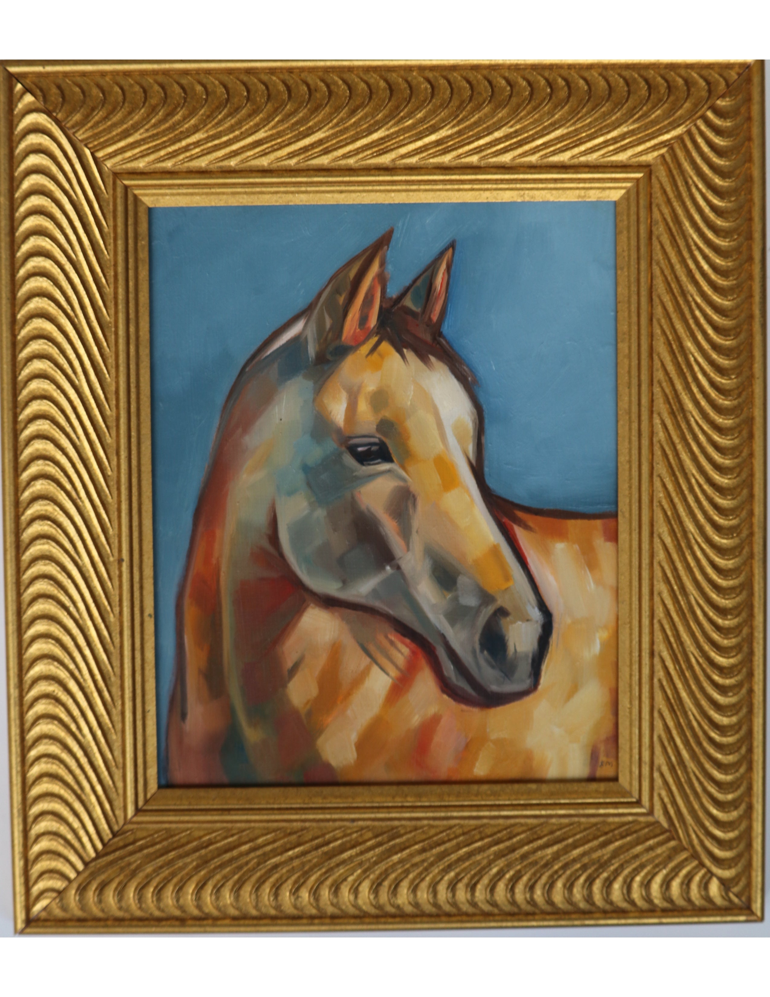 A golden half arabian horse looking to the side with his ears perked up. Behind him is a blue background. 