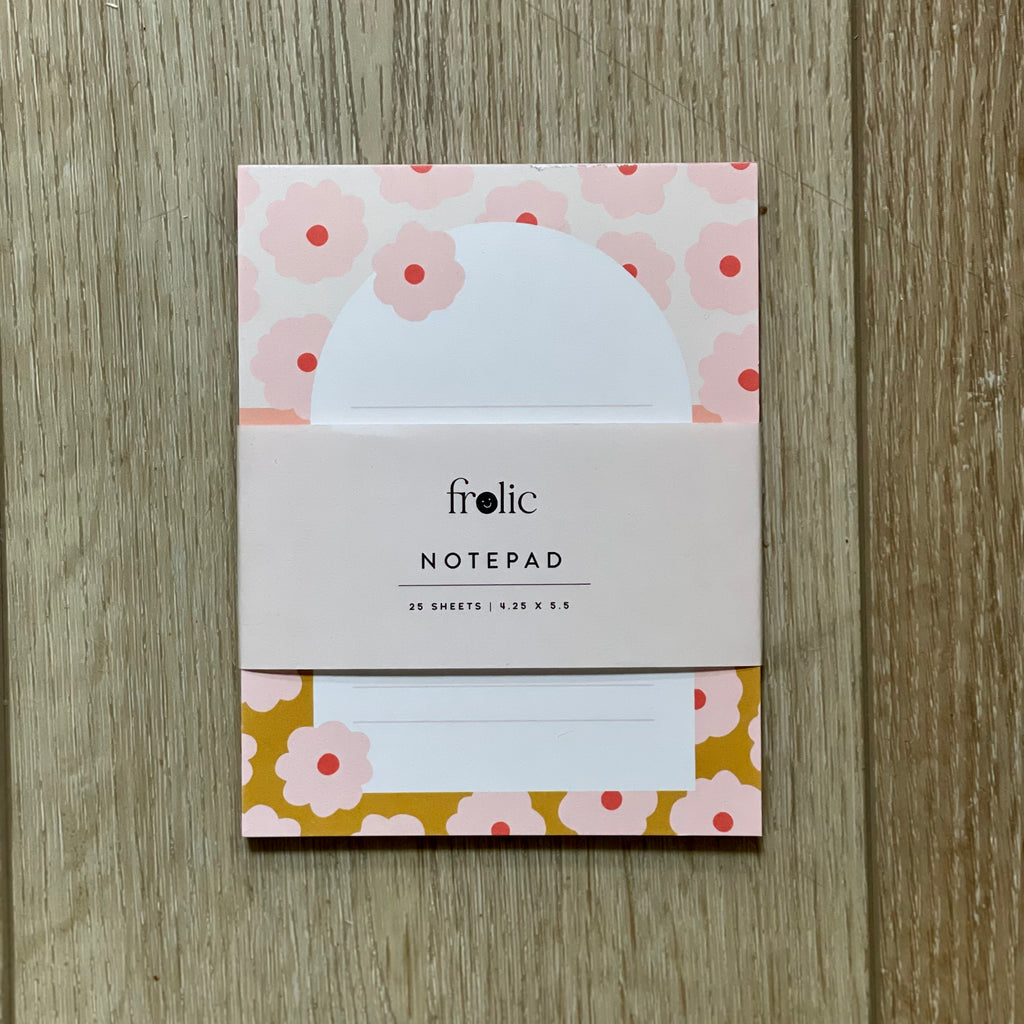 Small Pink Floral Notepad - Frolic  25 Sheets / 4.25 x 5.5  Description:  Pink flowers on cream & gold background