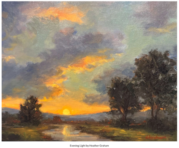 An image of the sun setting in the distance and the sky is bright orange at dusk. There are purple and blue clouds and a river leading to the sun. On either side of the river is golden green grasses and big green trees. 