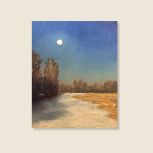 SIZE 20 x 16, Oil On Canvas, early sunrise,  full moon in blue sky, casting shadows on the snow covered ground