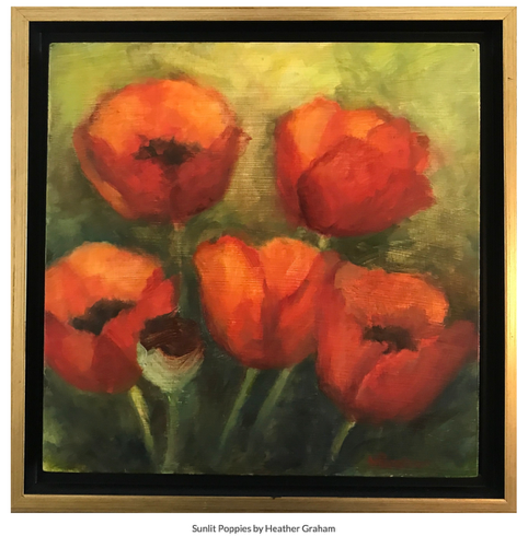 Five bright red and orange poppies on green stems with a golden green background. One poppie bud is in the foreground. 