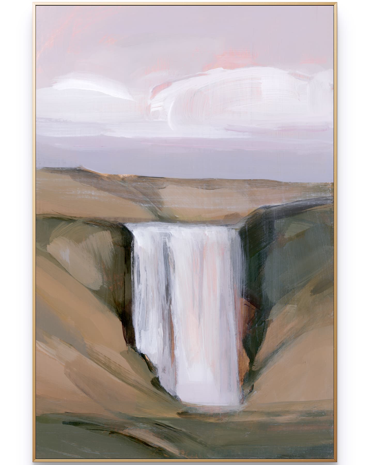 A waterfall in Iceland at golden hour. The sky is pale pink and yellow and the waterfall is falling over a rocky terrain. 