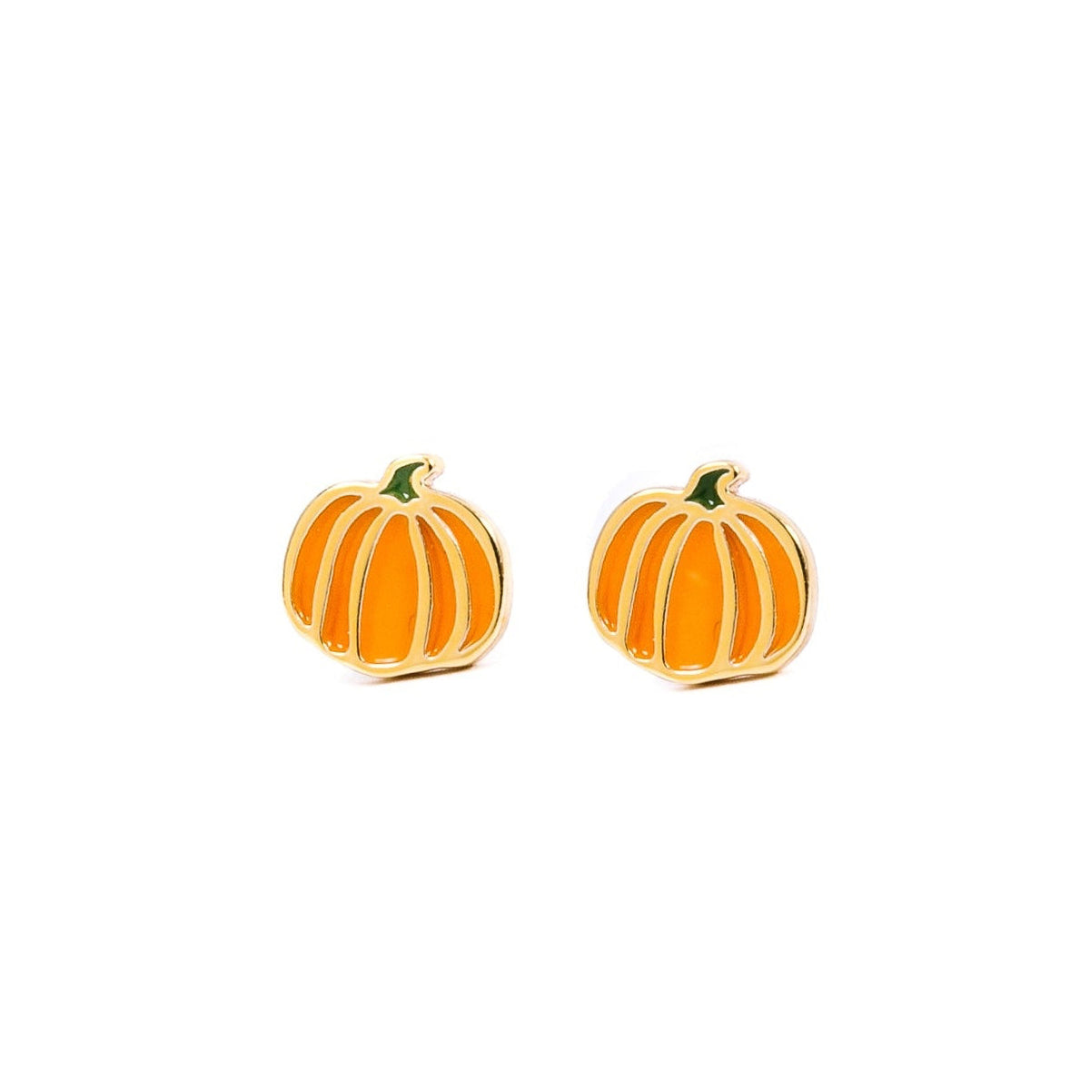 A pair of orange pumpkin-shaped stud earrings with gold-colored outlines and small green stems, displayed against a clean white background