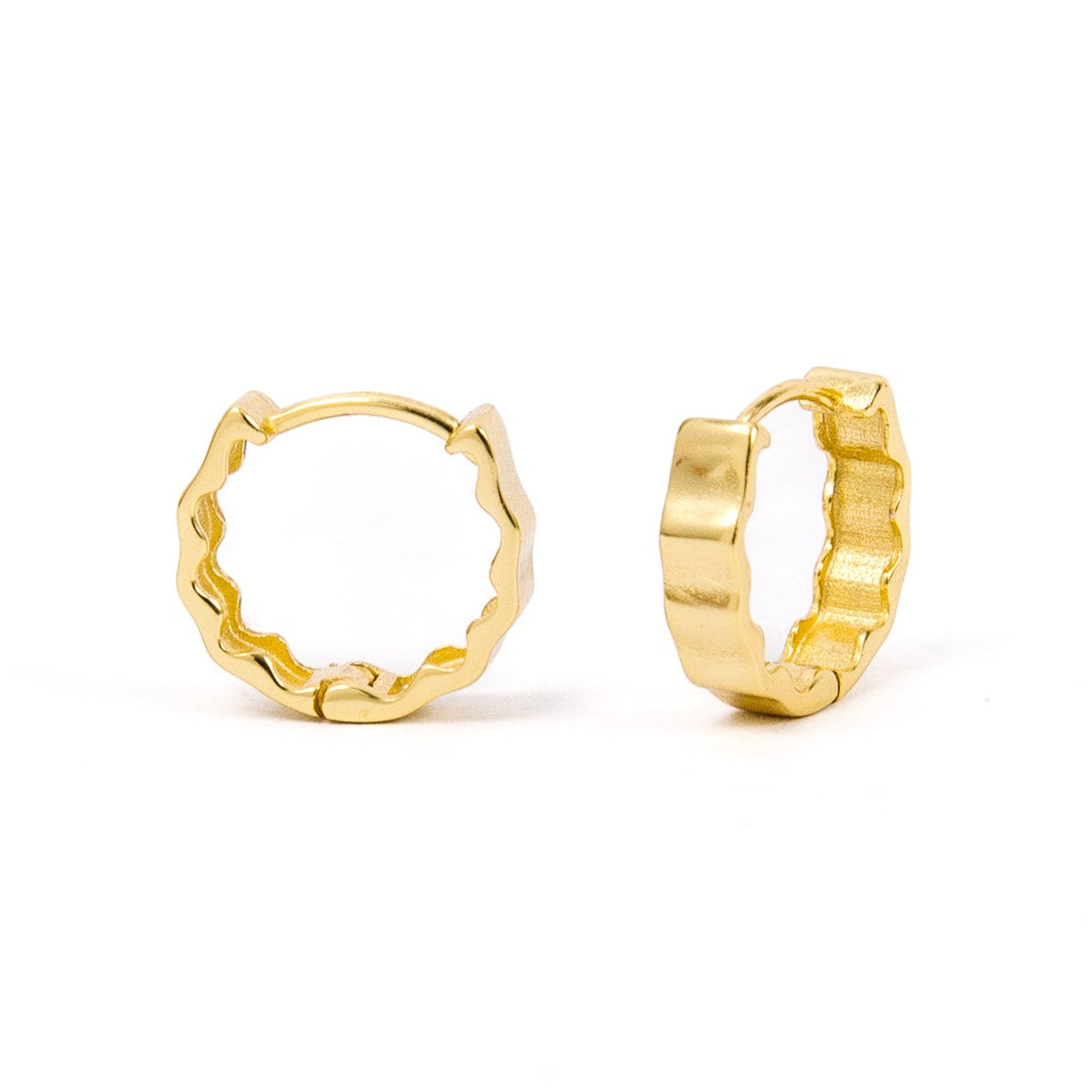 Two small gold hoop earrings with wavy edges, displayed upright on a white background