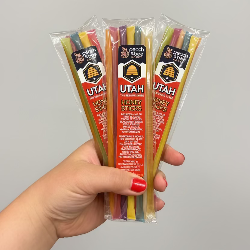 A hand with red nail polish holds three packaged honey sticks against a wooden slat background. The packages are labeled Utah Honey Sticks and show the Peach & Bee brand.