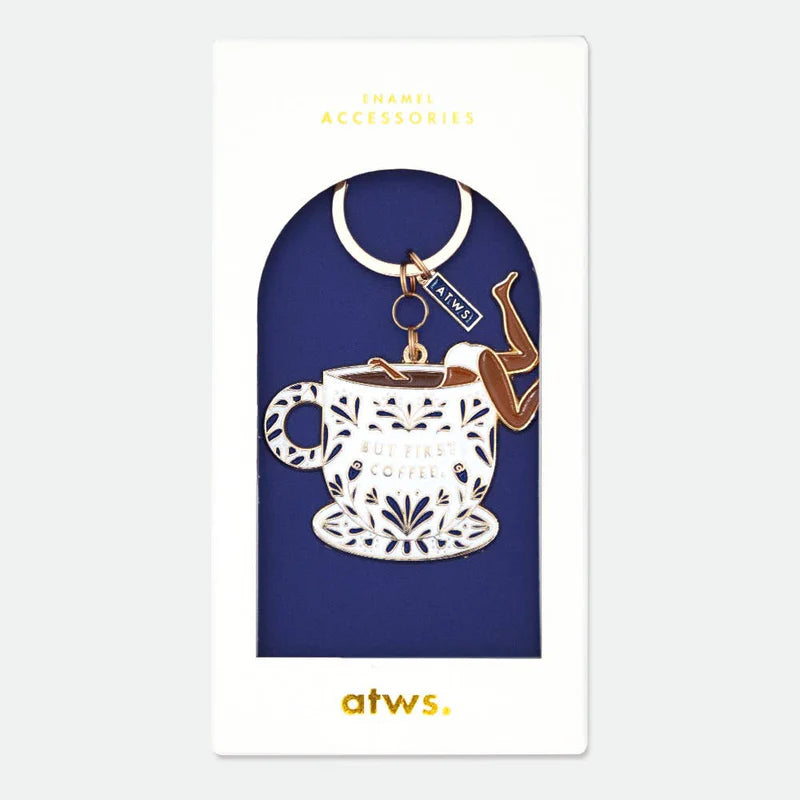 Never be too far from your coffee fix with our But First Coffee keychain! Made of durable enamel and gold plating, this quirky keychain is the perfect accessory for coffee lovers. (Coffee not included. Sorry, not sorry!)