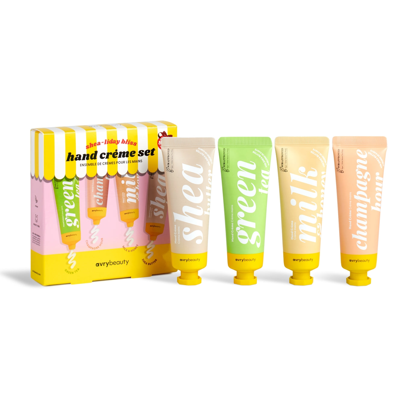 This collection of four delightfully scented hand lotions—Milk & Honey, Shea Butter, Green Tea, and Champagne Hour—delivers soothing moisture after every application. Each crème is infused with vegan, natural extracts that provide deep hydration and a velvety, non-greasy finish. From the cozy warmth of Shea Butter and the sweet indulgence of Milk & Honey to the refreshing vibe of Green Tea and the playful pop of Champagne Hour, this set transforms hand care into a celebration!