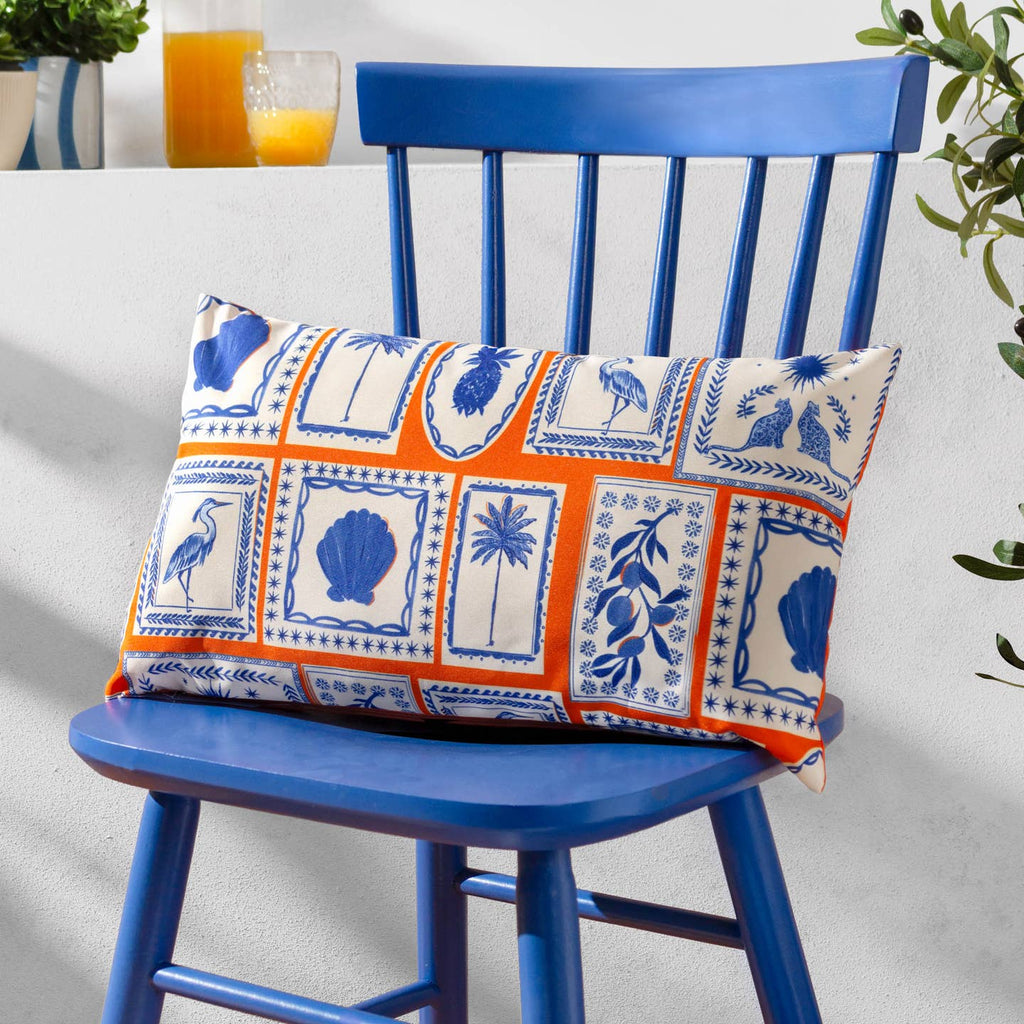 Imagine dipping your toes into the cobalt waters of the Aegean Sea, looking up to see perfect white villas dotted on the hillside, palms swaying in the breeze, and tiny shells washed up onto the crisp white sand. The Frieze outdoor cushion features a printed design of symbols and icons inspired by travels around the Greek islands. This beautiful and bright piece is perfect for adding to your alfresco dining or entertaining area in your outdoor setting.
