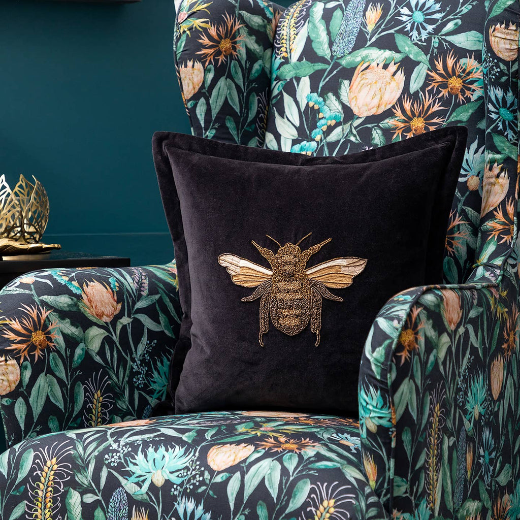 Elevate your home with our exquisite Layla Velvet Cushion, infusing a touch of luxury into any space. The captivating embroidered design adds a stylish finishing touch, while the regal gold embellished bee and broad Oxford edge exude sophistication. Crafted using a soft velvet makes this cushion feel luxurious yet durable. Flaunting embellished elements for added luxury and to instantly help transform the look and feel of any room. Complete with a durable zip closure for easy cleaning and filling adjustment