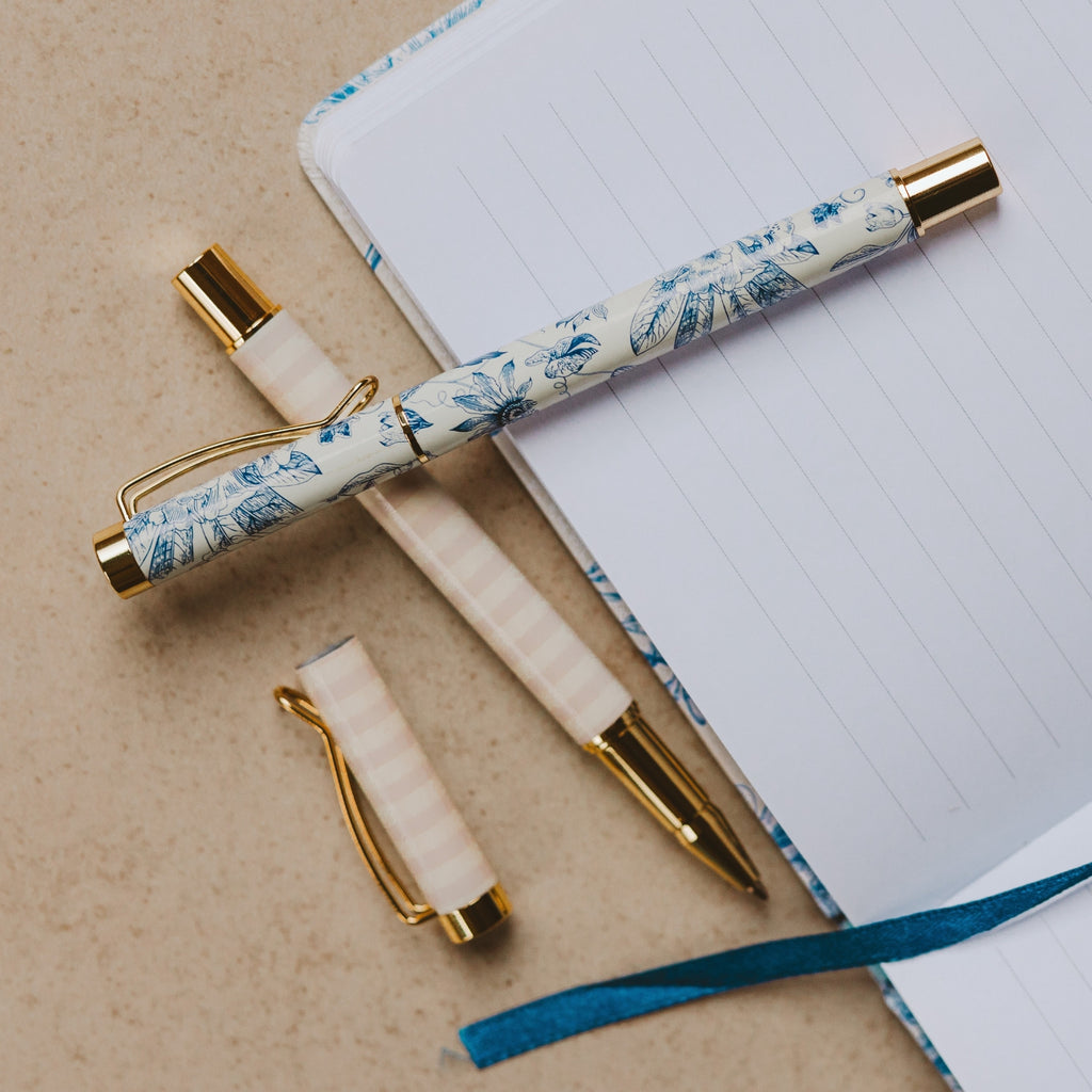 Add timeless elegance to your desk supplies with our blue delft and striped pen set. Perfect as Spring and Summer desk accessories or thoughtful gifts for graduations and new job celebrations! This Spring pen set is both functional and stylish.