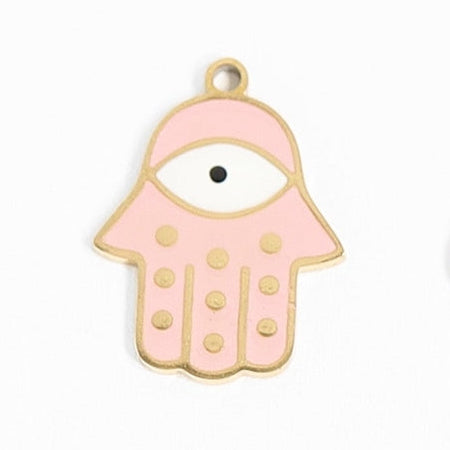 Add a touch of charm to your wardrobe with our 18K Gold Blush Pink Hamsa Hand bracelet or necklace. The blush pink color adds a uniquely feminine touch to the traditional hamsa hand design. Perfect for daily wear or as a special gift for someone who needs good luck.