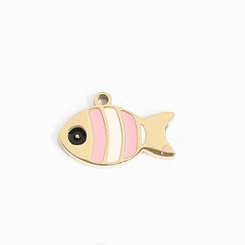 Gold fish, but make it pink! This playful charm features a striped fish design with pink and white details. Add a touch of whimsy and unique style to any outfit with this 18K gold PVD pink fish charm.