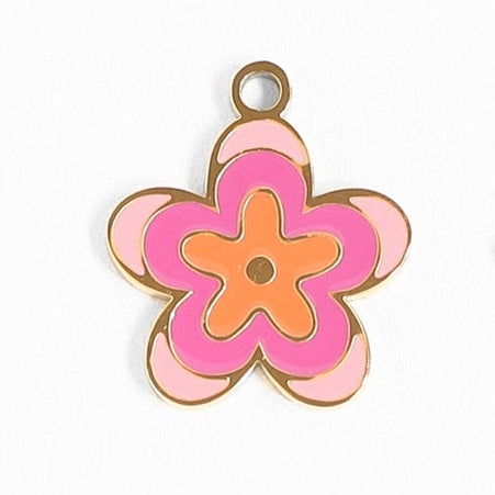Add some flower power to your jewelry collection with our 18K Gold PVD 70's Flower charm. This playful accessory features a vibrant pink color and a groovy 70's style, making it the perfect addition to any charm necklace or bracelet. Bring back the funky vibes with this unique piece!