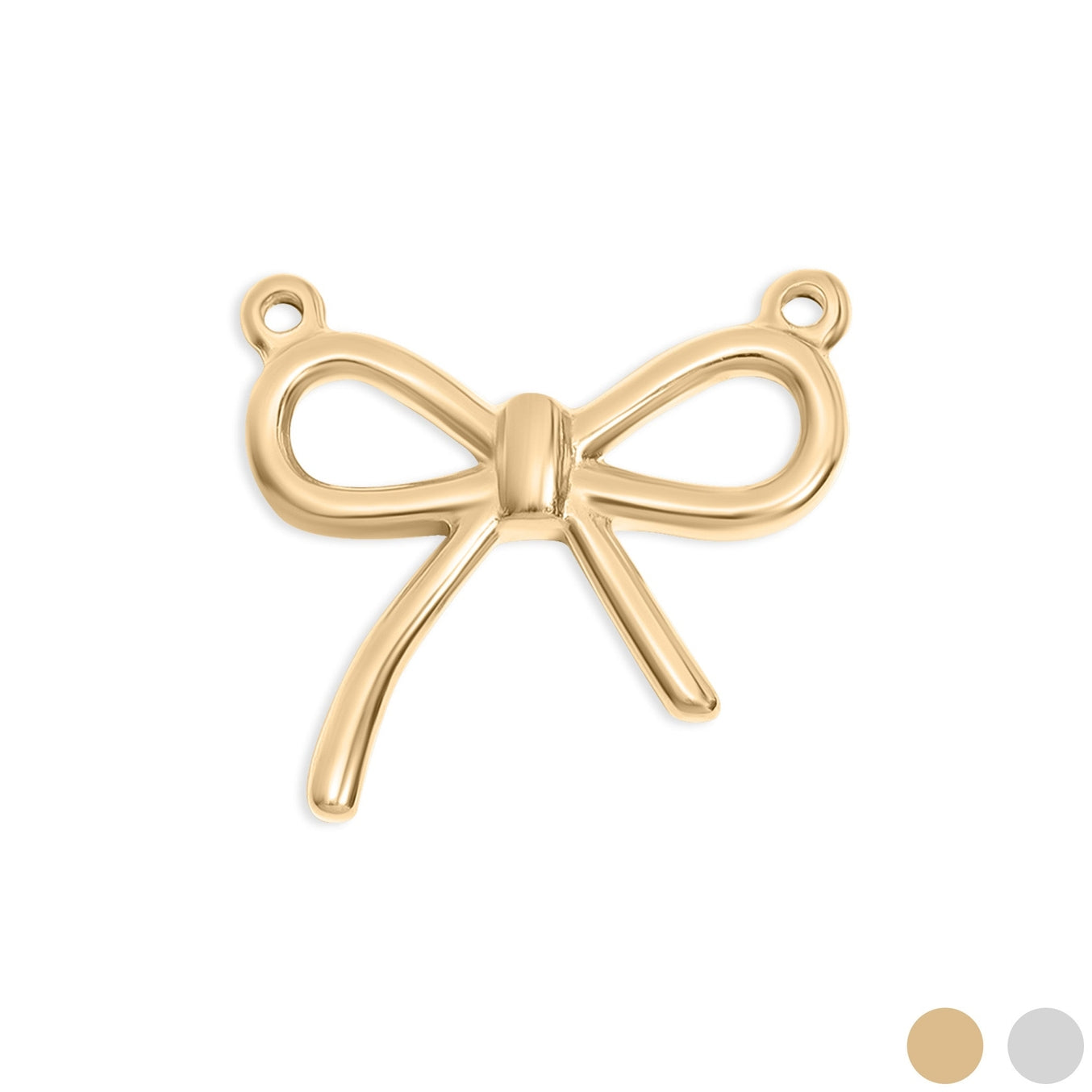 Show off your impeccable style with our charming Bow Connector Charm! This dainty bow charm adds a touch of elegance to any jewelry piece, available in both gold and stainless steel colors. Perfect for accessorizing any outfit and standing out from the crowd!