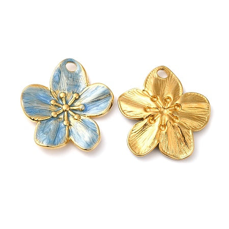 Add a touch of nature to your accessories with our Sky Blue Flower Charm. This dainty charm can be worn on a necklace or bracelet, and features a beautiful sky blue color with delicate gold details. A perfect addition to any outfit, this charm will bring a pop of color and elegance to your look.