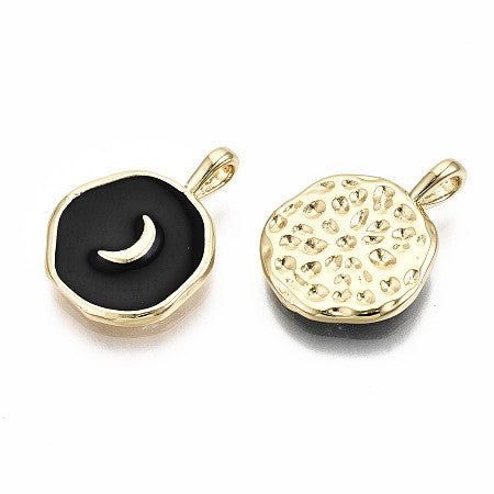 Elevate your accessory game with our Black Round with Moon Charm. The sleek black enamel perfectly accents the delicate gold moon detail, adding a touch of elegance to any bracelet or necklace. Add this charming piece to your jewelry collection for a sophisticated yet versatile look.