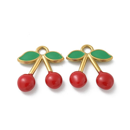 Brighten up any bracelet or necklace with our charming Cherries with Leaves Charm! These bright red cherries are paired with enamel green leaves creating a beautiful, delicate and playful gold charm. Add a touch of nature and whimsy to your style with this versatile charm.