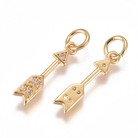 Add a touch of elegance to your jewelry collection with our Gold Sparkling Arrow Charm. Made with a dazzling cubic zirconia stone, this charm can be worn on a bracelet or necklace for a versatile and luxurious look. Perfect for adding a little sparkle to your everyday outfits or for a special occasion.