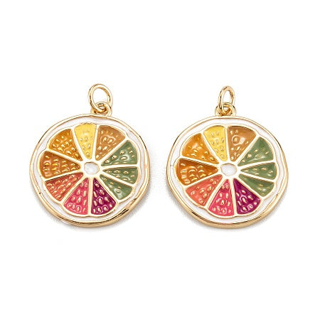 Add a pop of color to your bracelet or necklace with our Gold Colorful Orange Slice Charm. Made with vibrant enamel, this charm is sure to catch attention and elevate your style. Perfect for fruit lovers or anyone looking to add a playful touch to their jewelry collection.